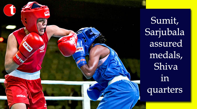 TIL Desk Sports/ Asian silver-medallist Sumit Sangwan (91kg) and World silver-medallist Sarjubala Devi (51kg) are among four Indian boxers assured of medals after scoring facile victories in the inaugural India Open, for men and women, in Delhi on Monday. Second seed Sumit defeated compatriot Virender Kumar 5-0, while Sarjubala Devi (51kg) and Pinki Jangra (51kg) advanced to the semis in the women's competition of the US $100,000 event. Heavyweight (91kg) top seed Naman Tanwar, who claimed a bronze at the World Youth Championships, made an impressive debut in the senior circuit, defeating Jordan's Eishaish Hussein to enter the semi-finals and be assured of a medal. Entering the quarter-finals with an easy win was top seed and three-time Asian medallist Shiva Thapa (60kg), who produced a calculative performance to defeat Bhutan's Dorji Wangdi in his opening clash. He will face Uzbekistan's Sherbek Rakhmatulloev. Another impressive winner on the day was National champion Manish Kaushik (60kg), who came up with a spirited show to defeat Cuba's Rabi Armando Martinez. Top seed Sarjubala assured India their first medal of the day when she beat Kenya's Christine Ongare 5-0. The diminutive Manipuri, who is a World Championships silver-medallist was in aggressive mode from the first ring of the bell. Her hooks connected quite accurately, and she did well to back-paddle and thwart Ongare's attempts at counter-attack.