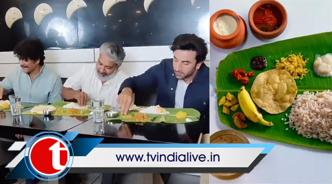 Ranbir enjoys a meal off a banana leaf with Rajamouli, Nagarjuna