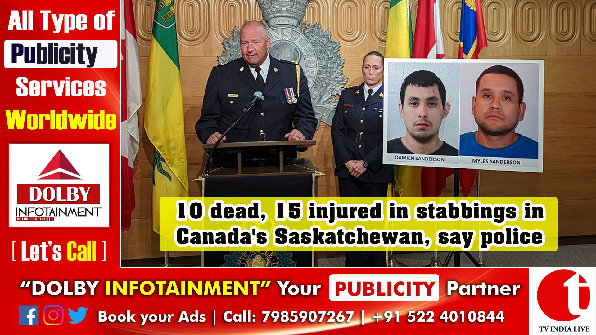 10 dead, 15 injured in stabbings in Canada's Saskatchewan, say police