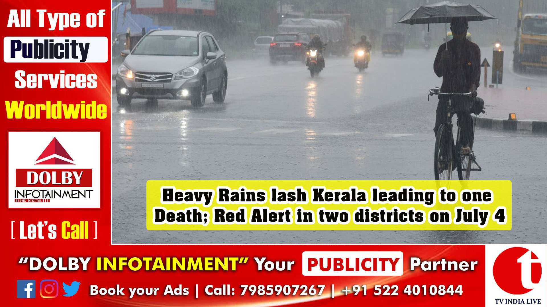 Heavy Rains lash Kerala leading to one Death; Red Alert in two districts on July 4