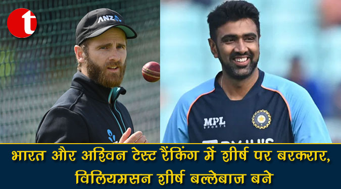 भारत और अश्विन टेस्ट रैंकिंग में शीर्ष पर बरकरार, विलियमसन शीर्ष बल्लेबाज बने